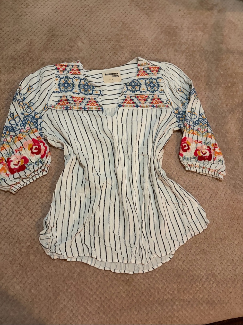 Savanna Jane White Striped Tunic with Multicolor Floral Embroidery